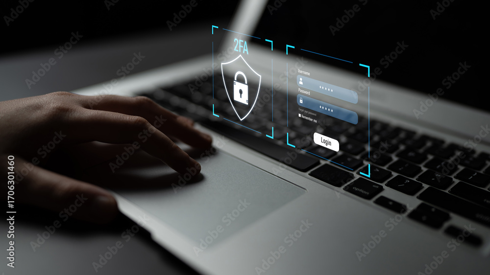 Poster two-factor authentication strengthens login system security. adds protection, two-factor authenticat