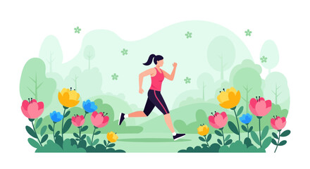 Vibrant Spring Run: Lively Illustration Depicting Fitness and Nature in Full Bloom