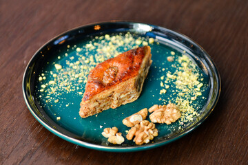 Baklava with walnuts. Homemade baklava with nuts and honey.