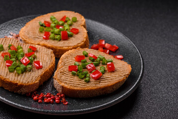 Vegan sandwiches with bread, mushroom or bean pate and vegetables. Vegetarian pate sandwiches