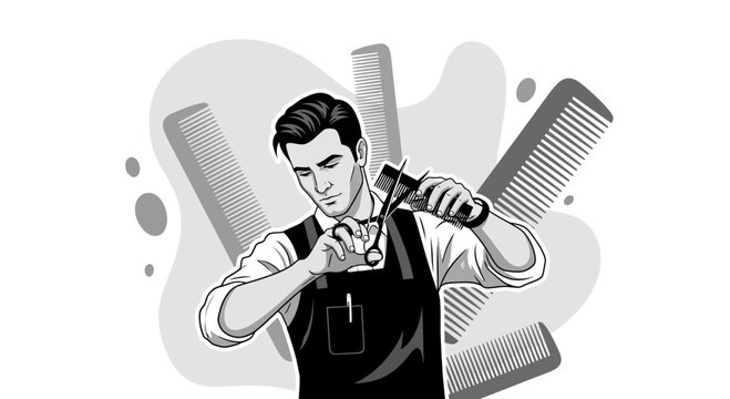 Stylish Barber Precisely Cutting Hair With Scissors And Comb Against A White Background