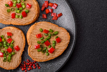 Vegan sandwiches with bread, mushroom or bean pate and vegetables. Vegetarian pate sandwiches