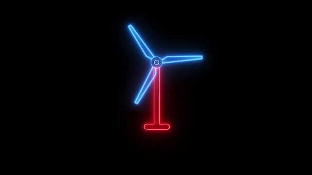 Abstract glowing neon renewable ecological energy and wind. generator technology for generating electricity supply Holographic on a black background windmill wind turbines animation.