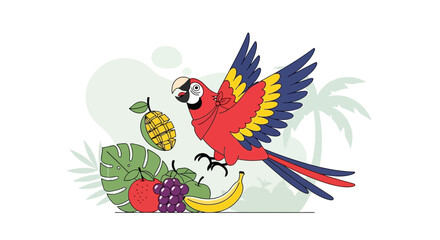 Vivid Parrot Soaring Towards Delicious Exotic Fruits in a Tropical Paradise Illustration