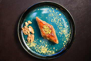 Baklava with walnuts. Homemade baklava with nuts and honey.