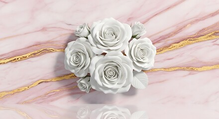 Elegant white roses on pink marble with gold accents