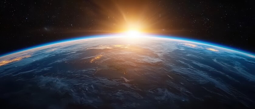 A breathtaking view of Earth from space, showcasing the curvature of the planet illuminated by a sunrise against a backdrop of stars.