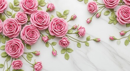 Delicate pink roses adorn a marble surface with green leaves