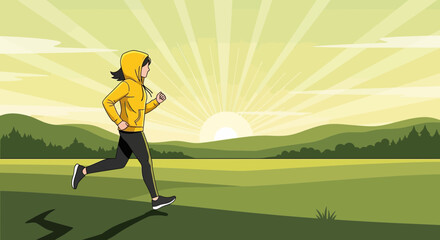 Sunrise Running: A Vibrant Illustration Depicting Fitness and Outdoor Activities.