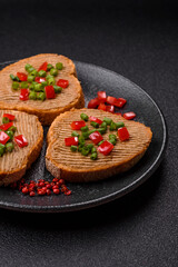 Vegan sandwiches with bread, mushroom or bean pate and vegetables. Vegetarian pate sandwiches