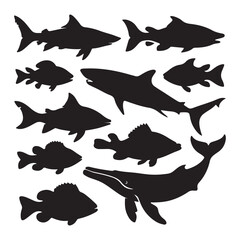 Mixed Marine Fish Silhouette Vector Icons Collection for Ocean Wildlife and Fishing Designs