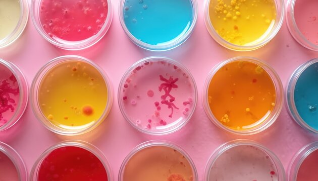 Abstract view of laboratory petri dishes with bacterial colonies in vibrant colors. Scientific research, medical experiments involve microbial growth analysis on agar plates. Biotechnology, health