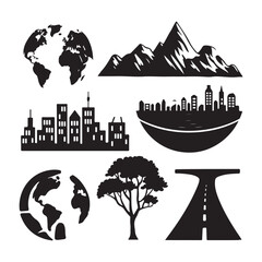 World Map and City Silhouette Vector Icons for Global Travel, Tourism, and Environment Design
