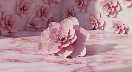 Soft pink peony flower on marble surface with floral background