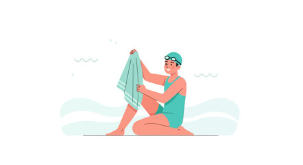 Obraz premium Swimmer Drying Off After Aquatic Training With A Towel And Swim Cap in Vector Art