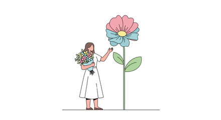 Woman Admiring Giant Flower And Holding Smaller Blooms, Simple Illustration