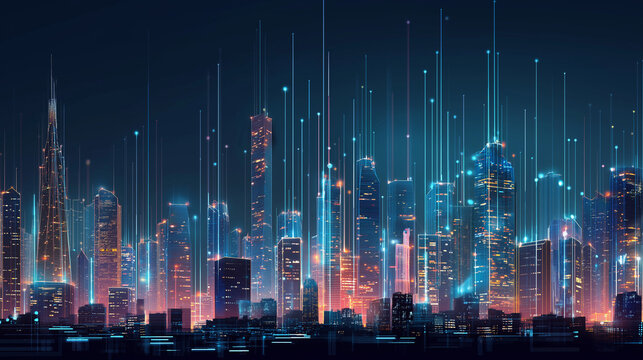 Futuristic smart city skyline at night, neon lights, connected buildings with glowing data streams across rooftops - Powered by Adobe