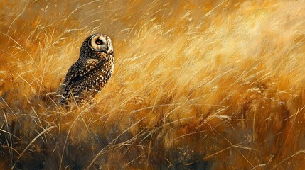 Short-eared owl roosting in a sun-soaked grassland, its speckled feathers nearly indistinguishable from the golden dry grass
