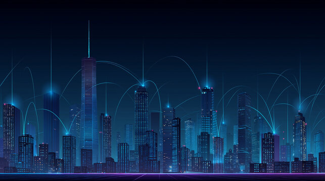 Futuristic smart city skyline at night, neon lights, connected buildings with glowing data streams across rooftops