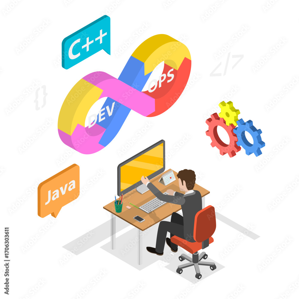 Poster 3d isometric flat vector illustration of devops, streamlineing development and operations processes.