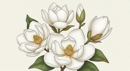 Vintage botanical illustration of white magnolia blossoms