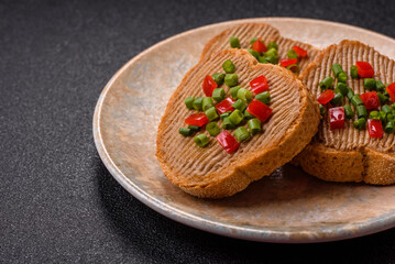 Vegan sandwiches with bread, mushroom or bean pate and vegetables. Vegetarian pate sandwiches