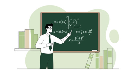 Teacher Explaining Mathematical Equations On Chalkboard, Education And Knowledge Concept