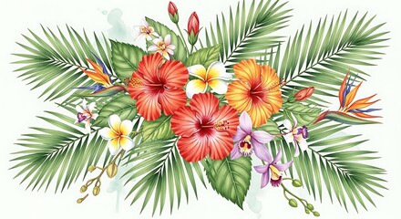 Vibrant tropical flower arrangement with palm leaves and bird of paradise