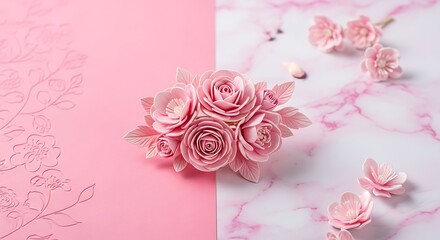 Delicate pink fabric roses on a marble and pink background