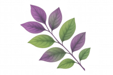 Vibrant botanical branch featuring green and purple foliage, floating against transparent backdrop, enhancing creative graphic projects