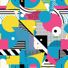 Abstract Geometric Seamless Pattern with Retro Shapes Colorful 80s Memphis Style Background
