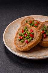 Vegan sandwiches with bread, mushroom or bean pate and vegetables. Vegetarian pate sandwiches