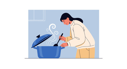 Woman Cooking In Kitchen Stirring Food In A Pot Meal Preparation Concept