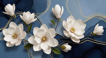 Elegant white magnolia flowers on a textured blue background