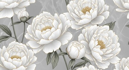 Elegant white peonies with delicate greenery on a textured gray background