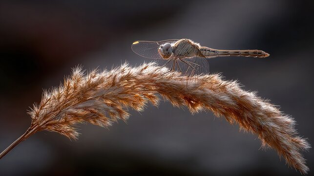 A close-up of a dragonfly resting on a golden, fluffy reed, accentuated by soft lighting, This serene image is ideal for nature-themed projects, educational materials, or wallpaper use,