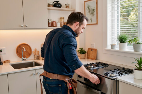 man standing in modern kitchen adjusting gas stove knob with right hand, wearing tool belt around waist, surrounded by countertop appliances and potted plants - Powered by Adobe