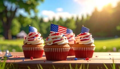 Festive cupcakes with American flags, sunny park setting
