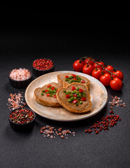 Vegan sandwiches with bread, mushroom or bean pate and vegetables. Vegetarian pate sandwiches