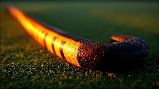 A close-up shot of a hockey stick resting on grass, illuminated by warm light, perfect for sports-themed content, promotions, or articles about hockey,