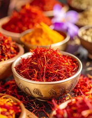 Saffron threads in a small bowl, surrounded by bowls of various spices