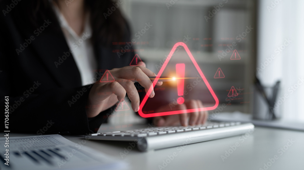 Poster cybersecurity alert warning showing red cyber for data breach, network threat, and cyber security sy