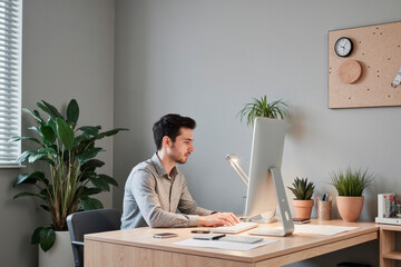 man sitting at desk working on desktop computer in modern office setting, focusing on screen with hands on keyboard, surrounded by green plants and office supplies