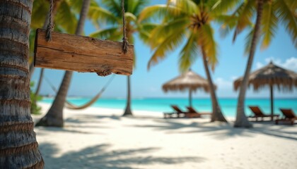 Wooden signboard hangs on palm tree trunk at tropical beach. Turquoise sea, white sand, beach huts, hammocks, umbrellas, loungers in background. Clear blue sky. Island paradise vacation.