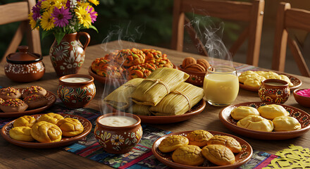 Realistic festive food tables from global celebrations with traditional dishes, cultural decorations, and authentic holiday meals in vibrant and detailed photography style