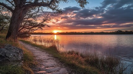 Sunset view of Lake Redfern in sunset, Texas landscape with lake shore and trees. Sunset in Austin, Texas. 