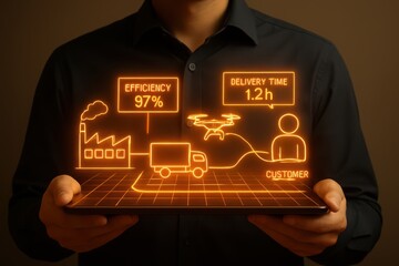 Futuristic holographic display of smart factory and logistics operations