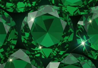 Luxurious emerald crystal background, rich green gemstones with radiant facets, glowing light refractions creating shimmering highlights