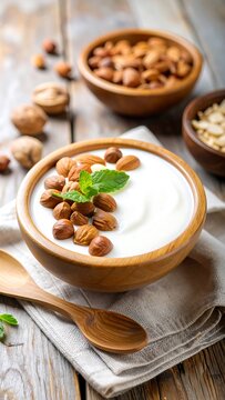 Creamy yogurt topped with nuts and mint