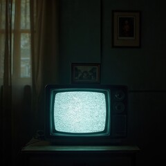 Vintage television displaying static snow on screen in dark room. Framed family photo rests on top of retro analog device. Scene evokes nostalgia, memory, bygone era of home entertainment, technology.